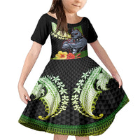 Hawaii Kaimuki High School Family Matching Mermaid Dress and Hawaiian Shirt Tribal Kakau Pattern Mix Hibiscus Flower LT03 Daughter's Dress Black - Polynesian Pride