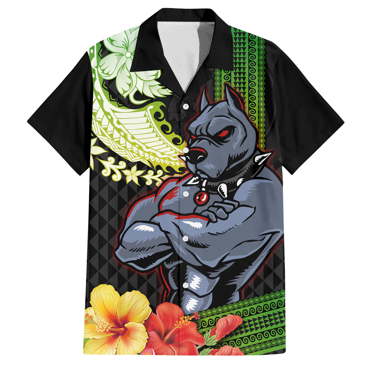Hawaii Kaimuki High School Family Matching Off Shoulder Maxi Dress and Hawaiian Shirt Tribal Kakau Pattern Mix Hibiscus Flower LT03 Dad's Shirt - Short Sleeve Black - Polynesian Pride
