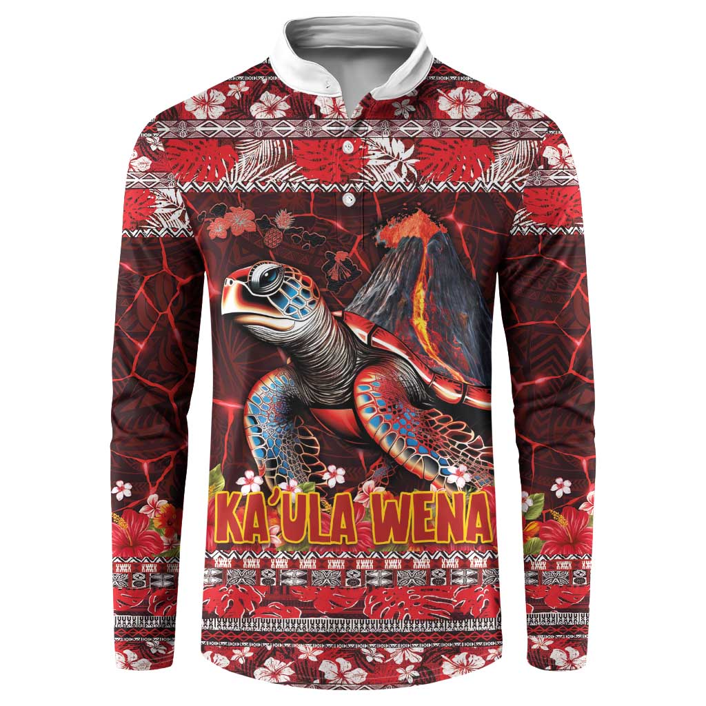 Hawaii KaʻUla Wena Volcano Turtle Button Sweatshirt Lava and Tropical Plants Tribal Pattern