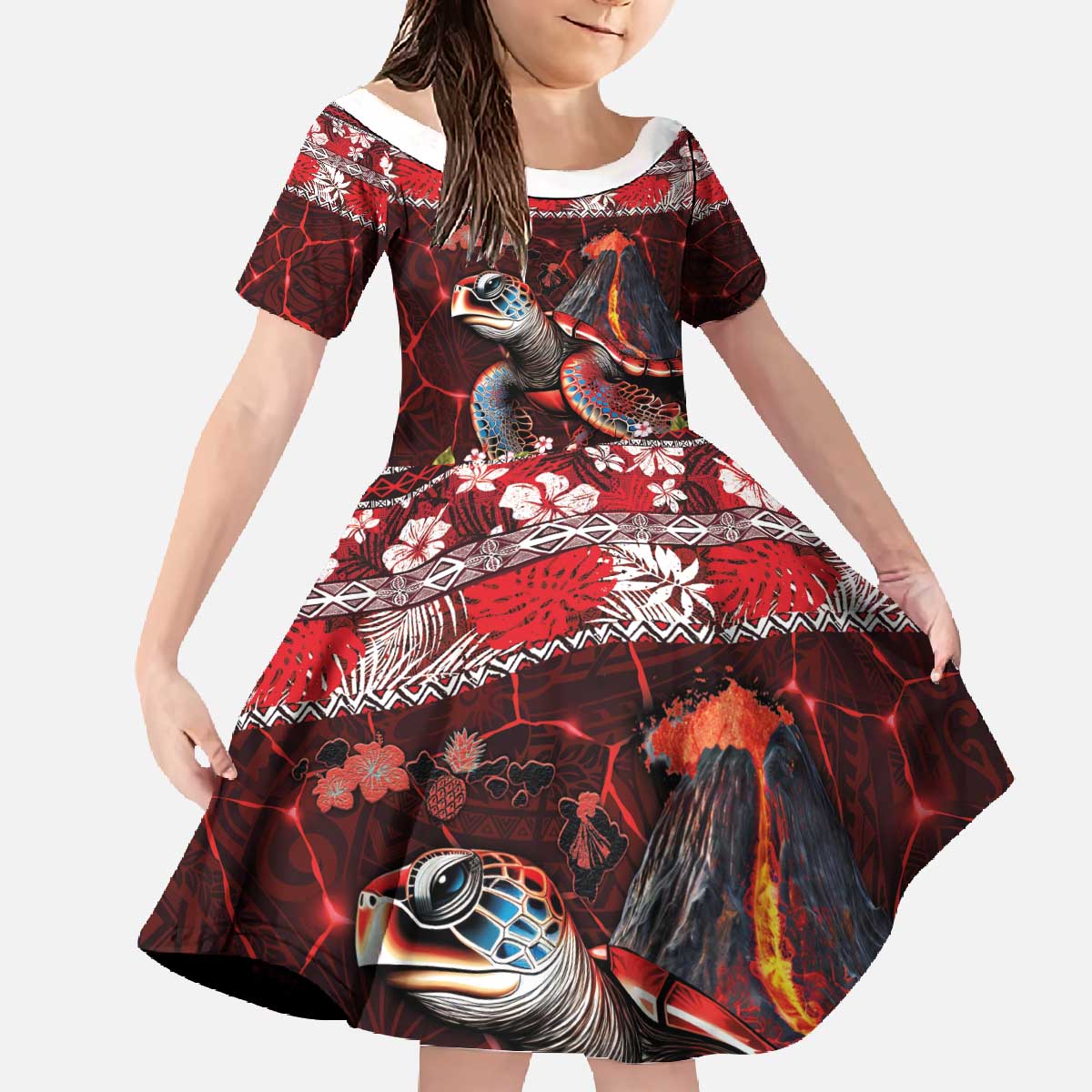 Hawaii KaUla Wena Volcano Turtle Family Matching Off The Shoulder Long Sleeve Dress and Hawaiian Shirt Lava and Tropical Plants Tribal Pattern LT03 Daughter's Dress Red - Polynesian Pride