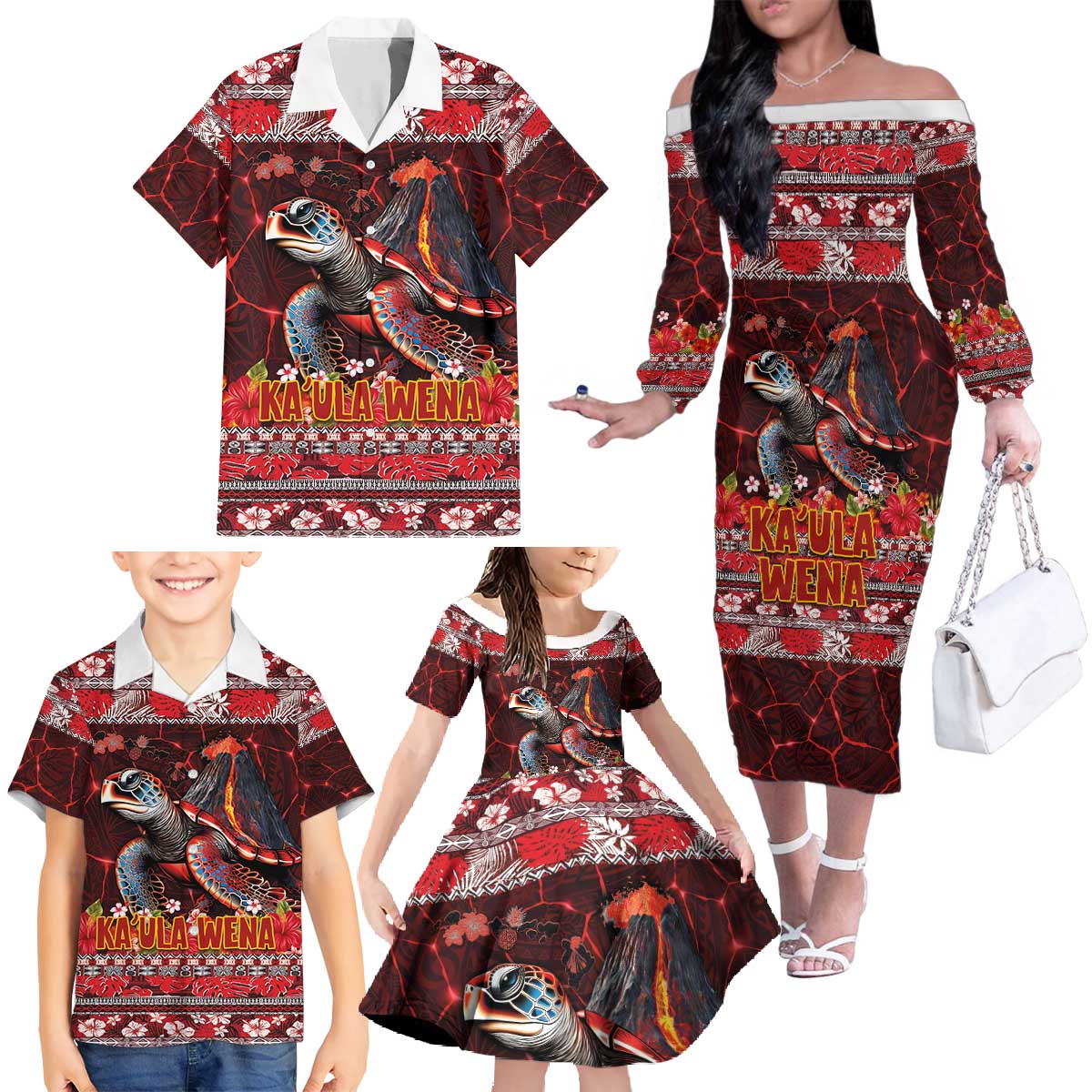 Hawaii KaUla Wena Volcano Turtle Family Matching Off The Shoulder Long Sleeve Dress and Hawaiian Shirt Lava and Tropical Plants Tribal Pattern LT03 - Polynesian Pride