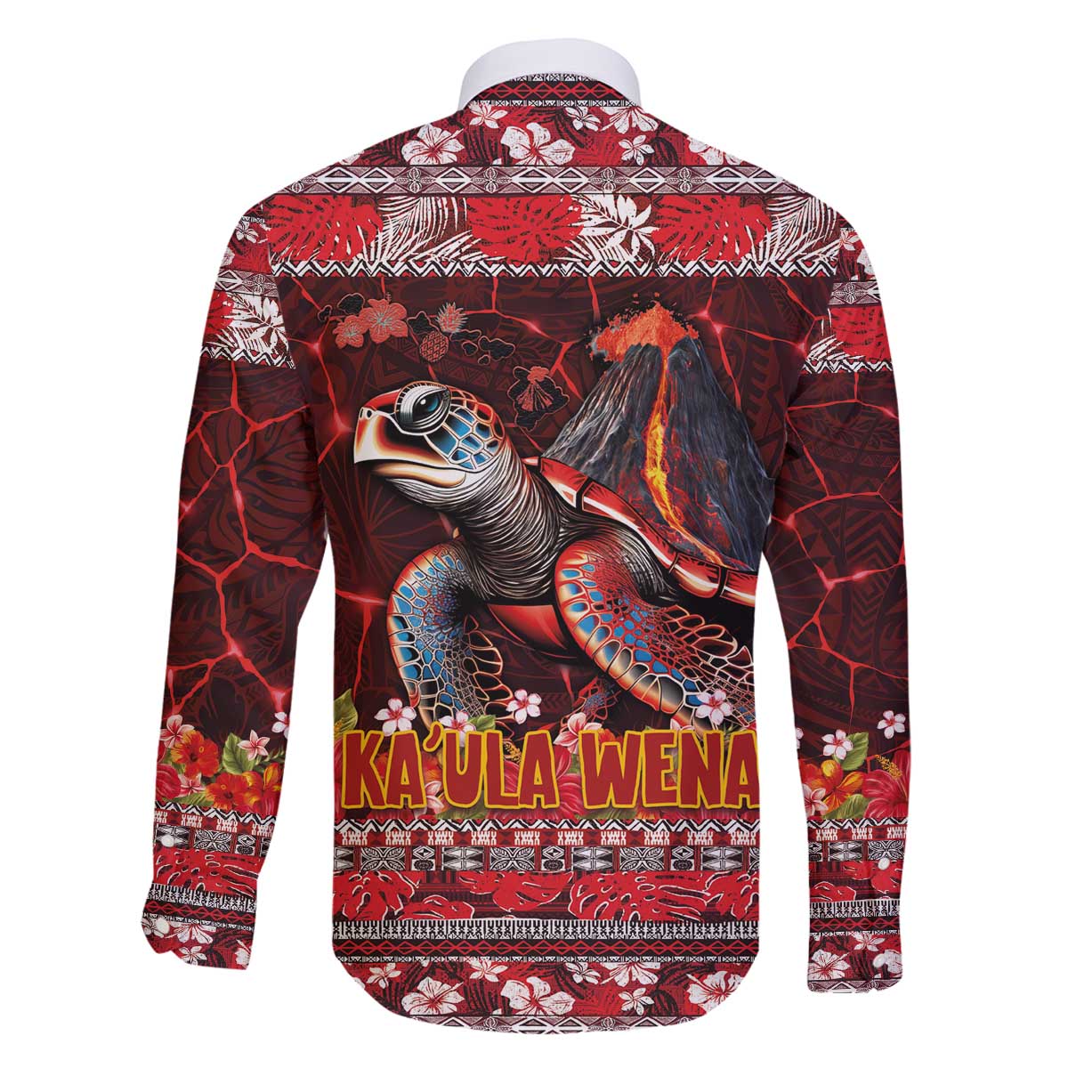 Hawaii KaUla Wena Volcano Turtle Family Matching Off The Shoulder Long Sleeve Dress and Hawaiian Shirt Lava and Tropical Plants Tribal Pattern LT03 - Polynesian Pride