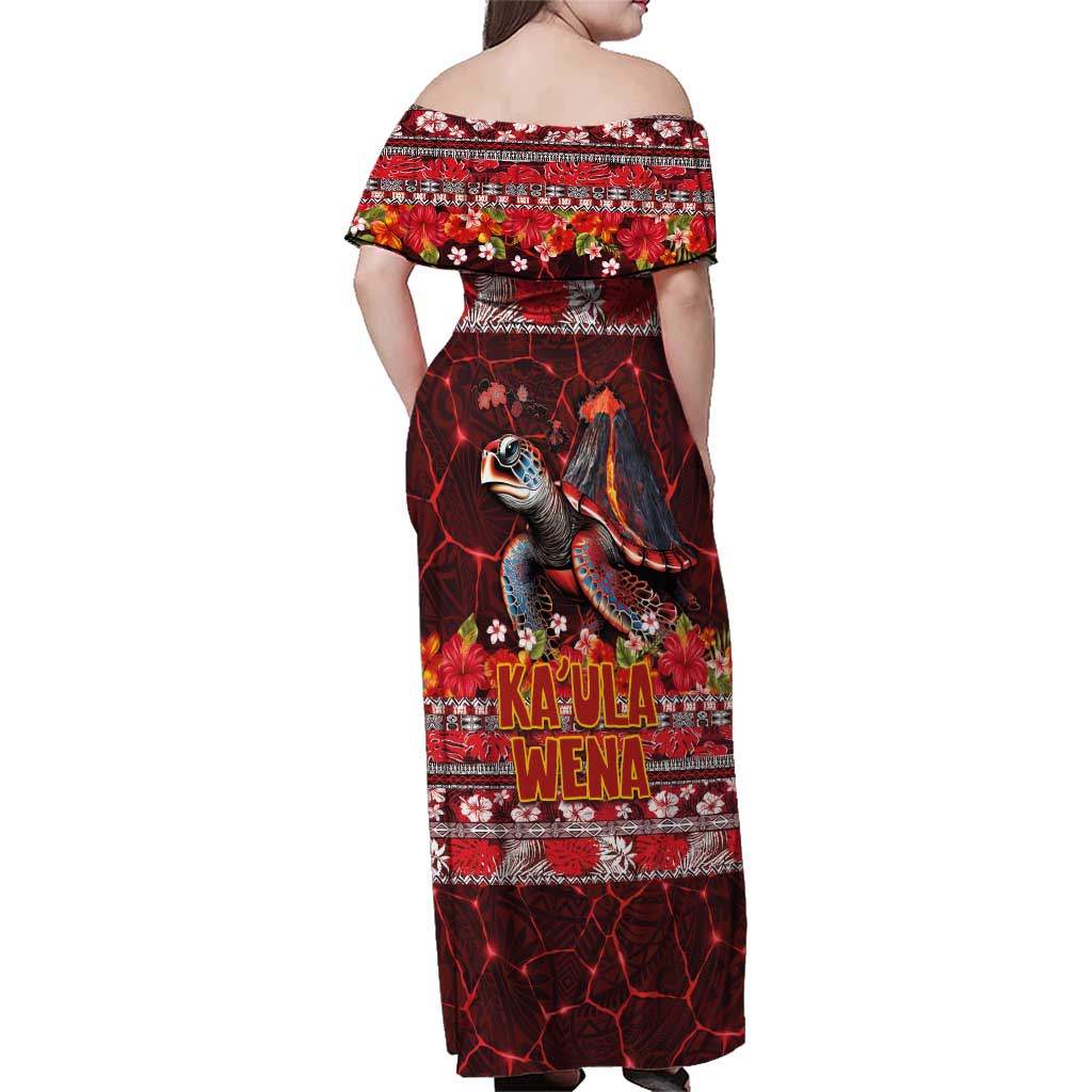 Hawaii KaʻUla Wena Volcano Turtle Family Matching Off Shoulder Maxi Dress and Hawaiian Shirt Lava and Tropical Plants Tribal Pattern
