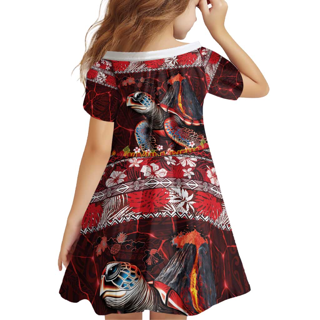 Hawaii KaUla Wena Volcano Turtle Family Matching Off Shoulder Short Dress and Hawaiian Shirt Lava and Tropical Plants Tribal Pattern LT03 - Polynesian Pride