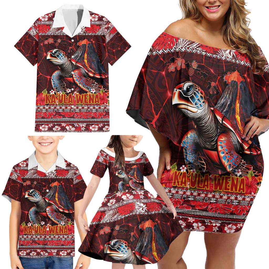 Hawaii KaUla Wena Volcano Turtle Family Matching Off Shoulder Short Dress and Hawaiian Shirt Lava and Tropical Plants Tribal Pattern LT03 - Polynesian Pride