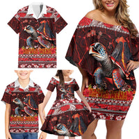 Hawaii KaUla Wena Volcano Turtle Family Matching Off Shoulder Short Dress and Hawaiian Shirt Lava and Tropical Plants Tribal Pattern LT03 - Polynesian Pride