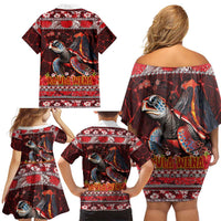 Hawaii KaUla Wena Volcano Turtle Family Matching Off Shoulder Short Dress and Hawaiian Shirt Lava and Tropical Plants Tribal Pattern LT03 - Polynesian Pride