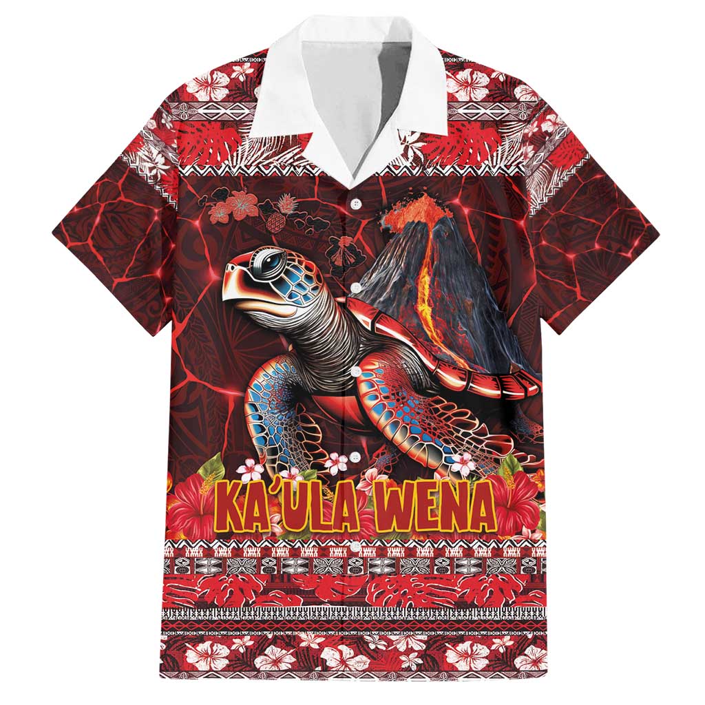 Hawaii KaUla Wena Volcano Turtle Family Matching Off Shoulder Short Dress and Hawaiian Shirt Lava and Tropical Plants Tribal Pattern LT03 Dad's Shirt - Short Sleeve Red - Polynesian Pride
