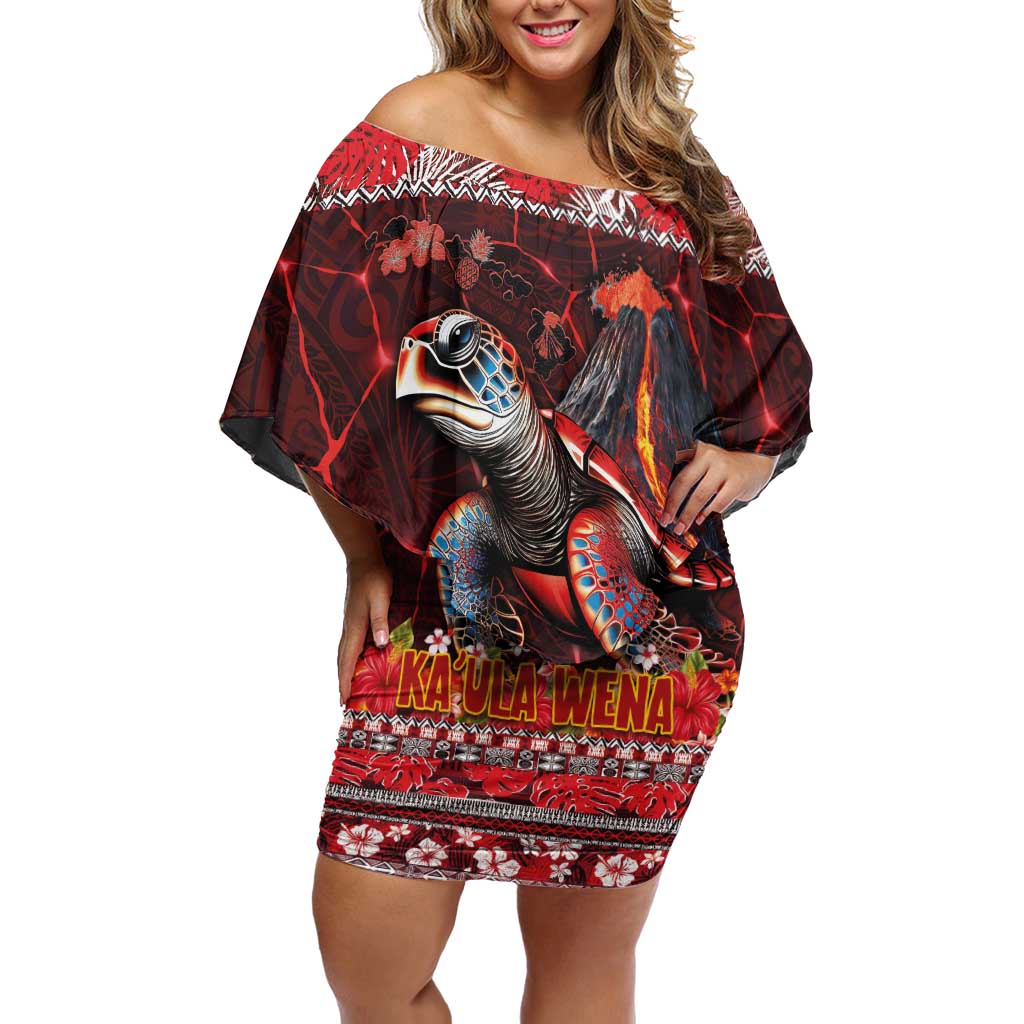 Hawaii KaUla Wena Volcano Turtle Family Matching Off Shoulder Short Dress and Hawaiian Shirt Lava and Tropical Plants Tribal Pattern LT03 Mom's Dress Red - Polynesian Pride