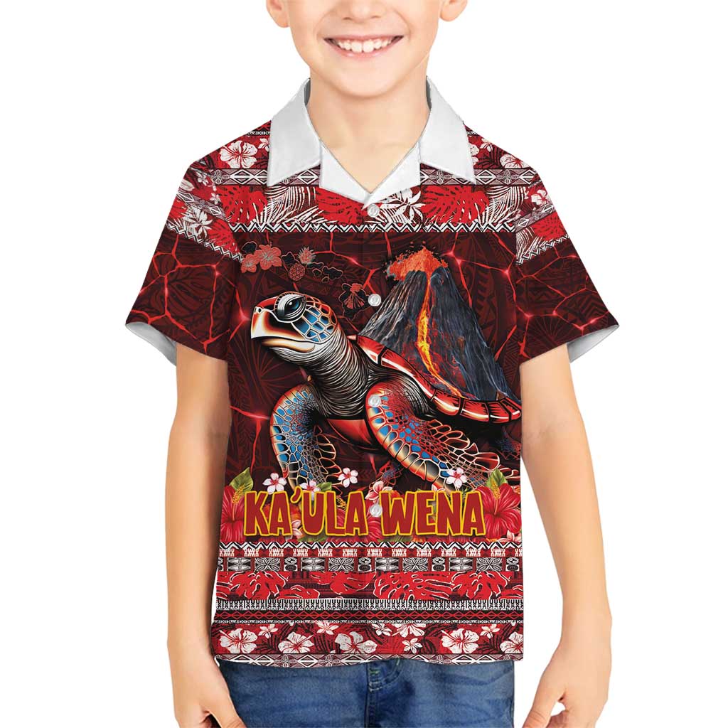 Hawaii KaUla Wena Volcano Turtle Family Matching Off Shoulder Short Dress and Hawaiian Shirt Lava and Tropical Plants Tribal Pattern LT03 Son's Shirt Red - Polynesian Pride