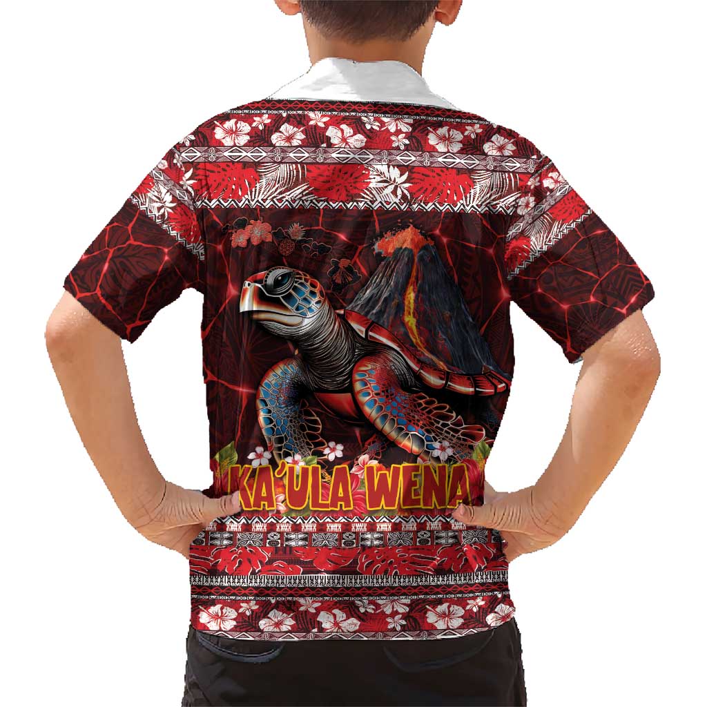 Hawaii KaUla Wena Volcano Turtle Family Matching Short Sleeve Bodycon Dress and Hawaiian Shirt Lava and Tropical Plants Tribal Pattern LT03 - Polynesian Pride