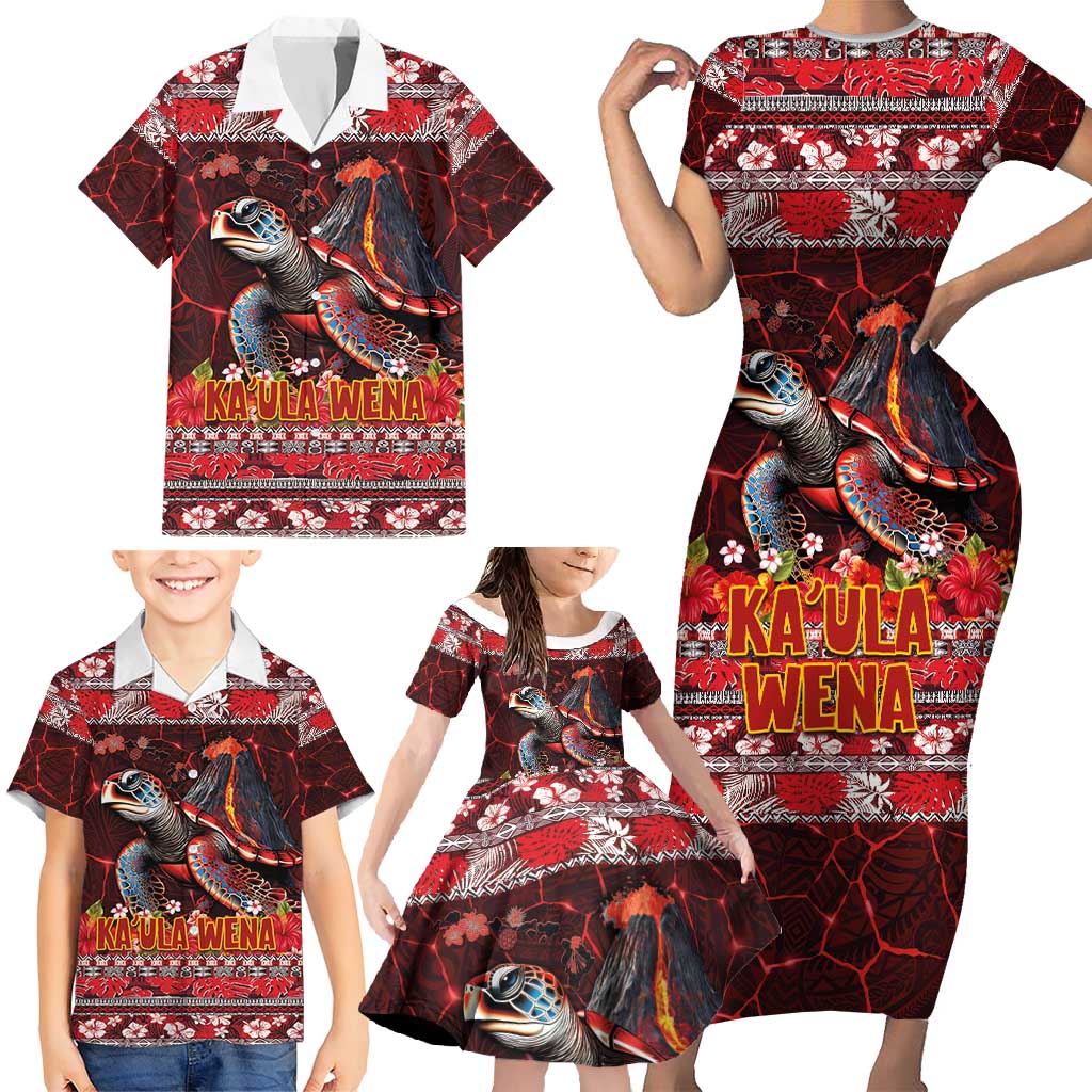Hawaii KaUla Wena Volcano Turtle Family Matching Short Sleeve Bodycon Dress and Hawaiian Shirt Lava and Tropical Plants Tribal Pattern LT03 - Polynesian Pride