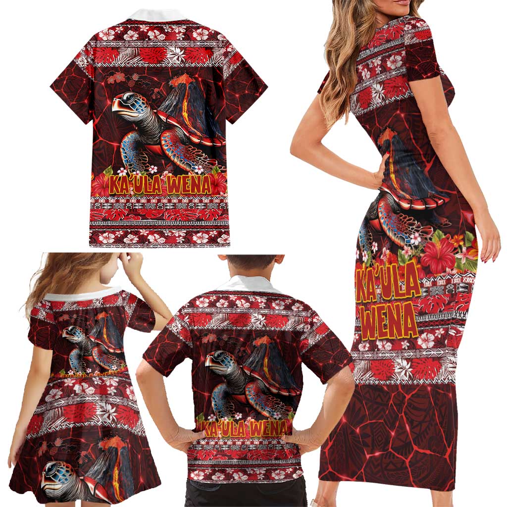 Hawaii KaUla Wena Volcano Turtle Family Matching Short Sleeve Bodycon Dress and Hawaiian Shirt Lava and Tropical Plants Tribal Pattern LT03 - Polynesian Pride