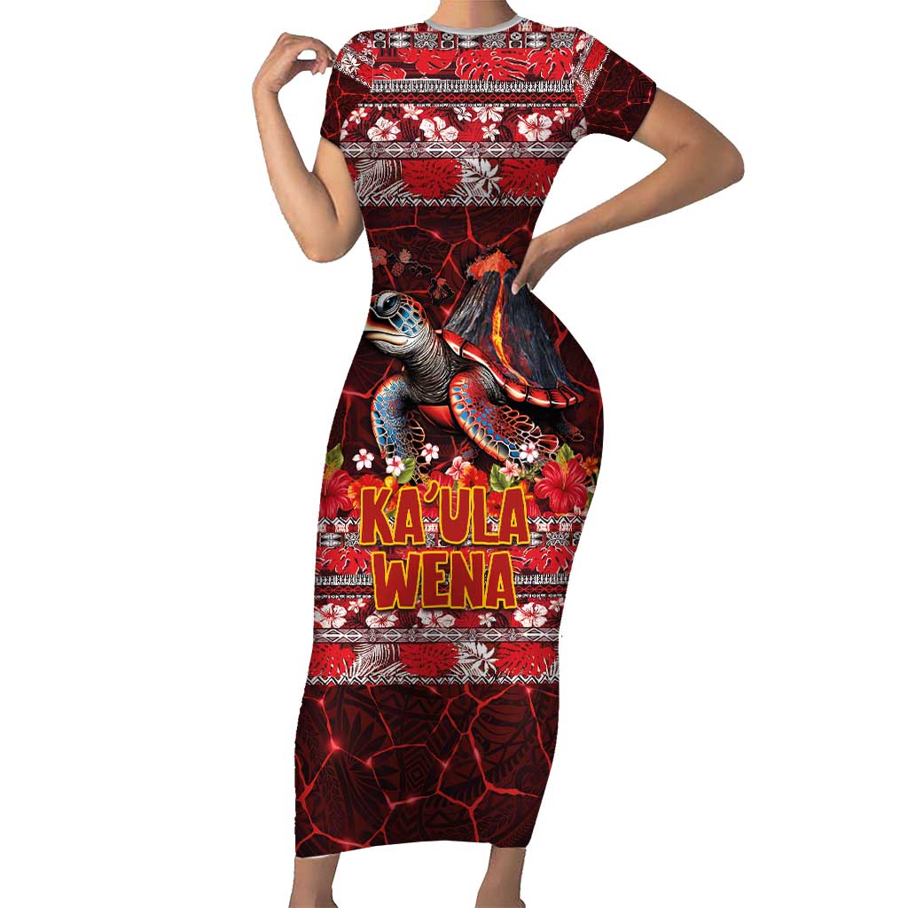 Hawaii KaUla Wena Volcano Turtle Family Matching Short Sleeve Bodycon Dress and Hawaiian Shirt Lava and Tropical Plants Tribal Pattern LT03 Mom's Dress Red - Polynesian Pride