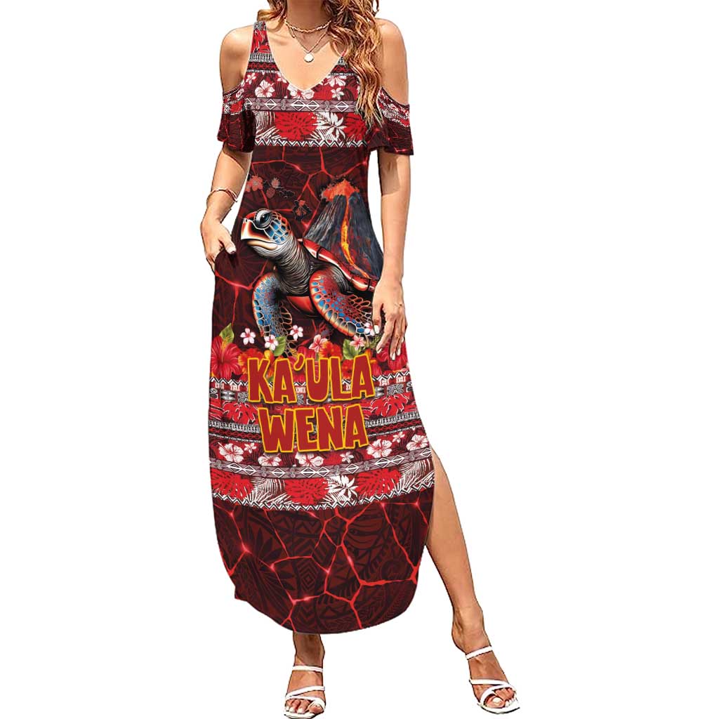 Hawaii KaʻUla Wena Volcano Turtle Family Matching Summer Maxi Dress and Hawaiian Shirt Lava and Tropical Plants Tribal Pattern