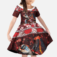 Hawaii KaUla Wena Volcano Turtle Family Matching Tank Maxi Dress and Hawaiian Shirt Lava and Tropical Plants Tribal Pattern LT03 Daughter's Dress Red - Polynesian Pride