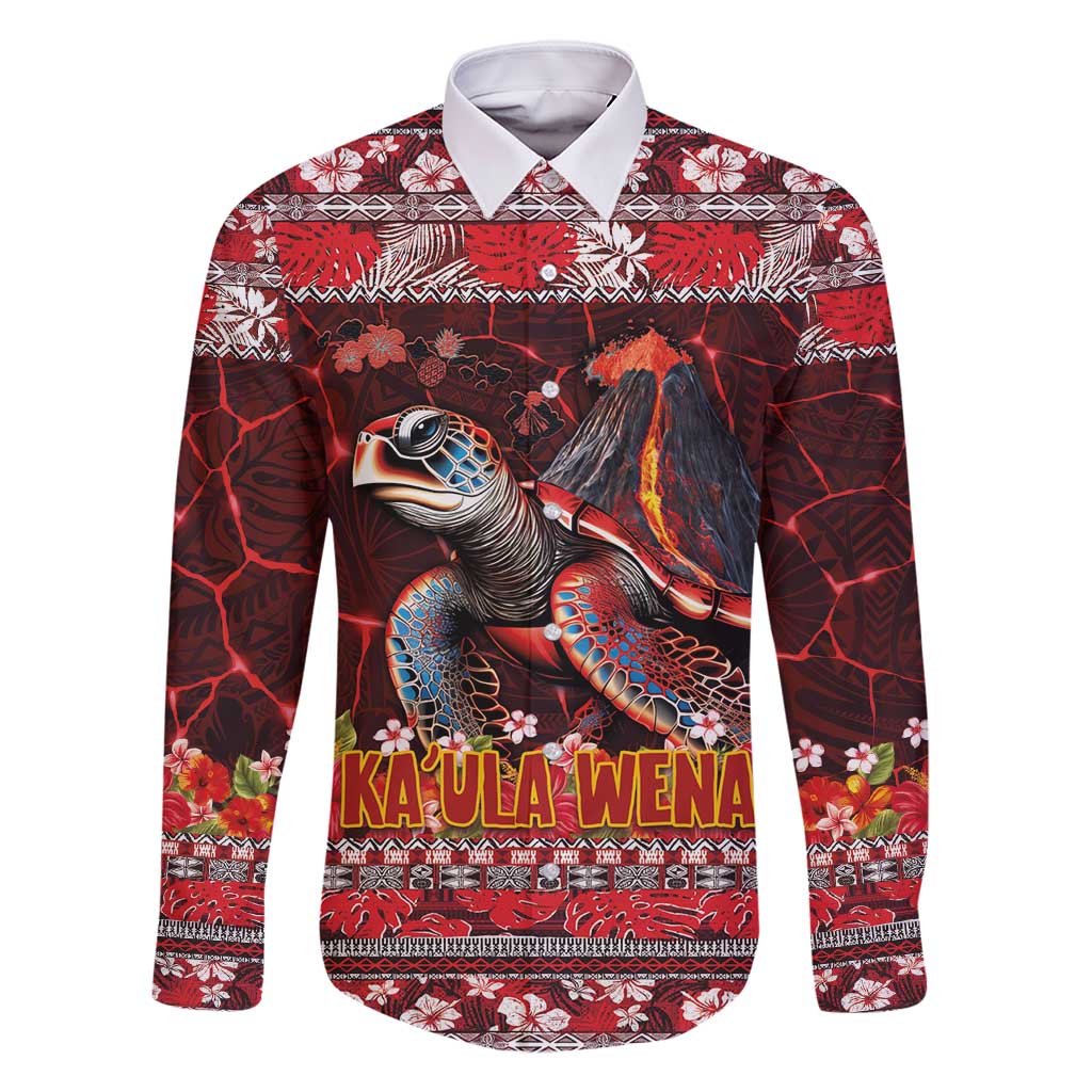 Hawaii KaUla Wena Volcano Turtle Family Matching Tank Maxi Dress and Hawaiian Shirt Lava and Tropical Plants Tribal Pattern LT03 Dad's Shirt - Long Sleeve Red - Polynesian Pride