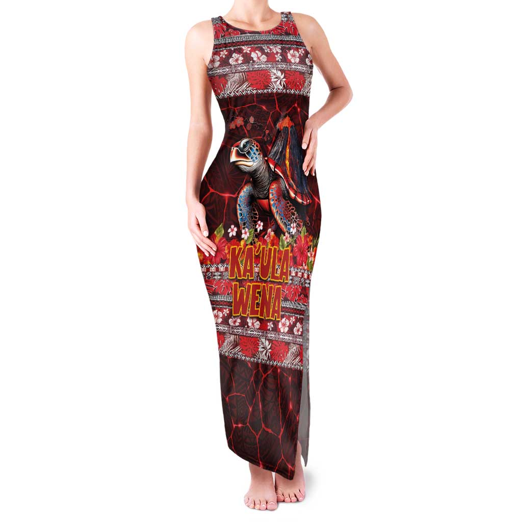 Hawaii KaUla Wena Volcano Turtle Family Matching Tank Maxi Dress and Hawaiian Shirt Lava and Tropical Plants Tribal Pattern LT03 Mom's Dress Red - Polynesian Pride