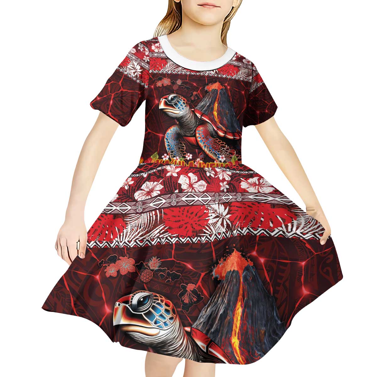 Hawaii KaʻUla Wena Volcano Turtle Kid Short Sleeve Dress Lava and Tropical Plants Tribal Pattern