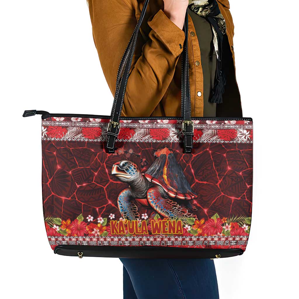 Hawaii KaUla Wena Volcano Turtle Leather Tote Bag Lava and Tropical Plants Tribal Pattern LT03 - Polynesian Pride