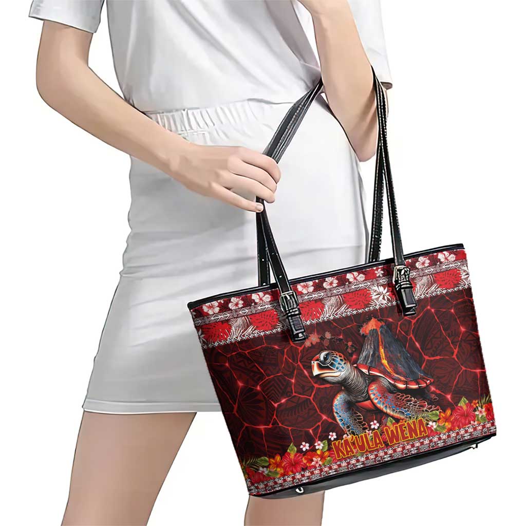 Hawaii KaUla Wena Volcano Turtle Leather Tote Bag Lava and Tropical Plants Tribal Pattern LT03 - Polynesian Pride
