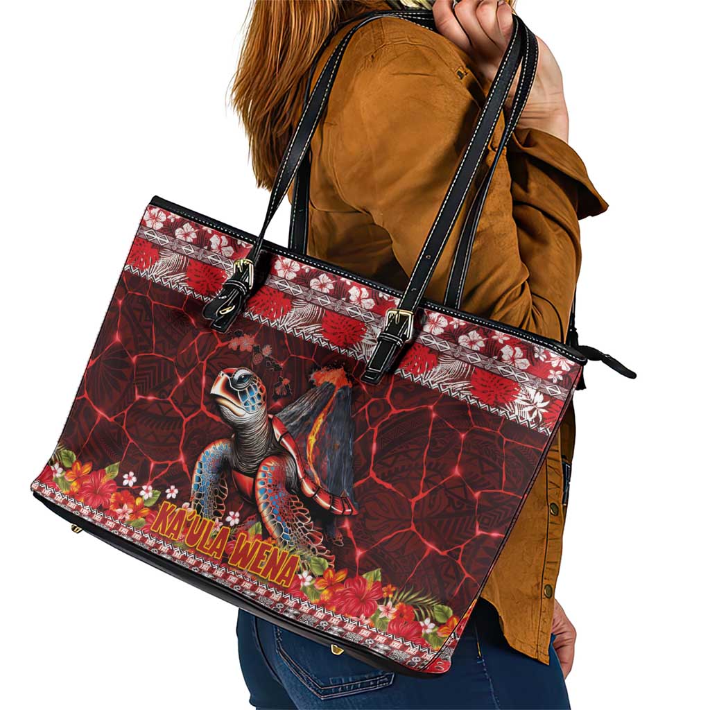 Hawaii KaUla Wena Volcano Turtle Leather Tote Bag Lava and Tropical Plants Tribal Pattern LT03 - Polynesian Pride