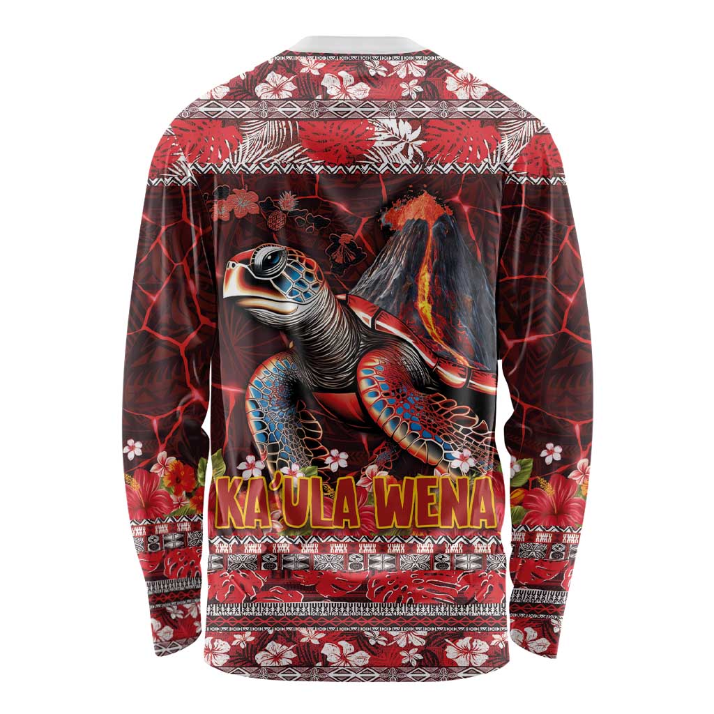 Hawaii KaUla Wena Volcano Turtle Long Sleeve Shirt Lava and Tropical Plants Tribal Pattern LT03 - Polynesian Pride