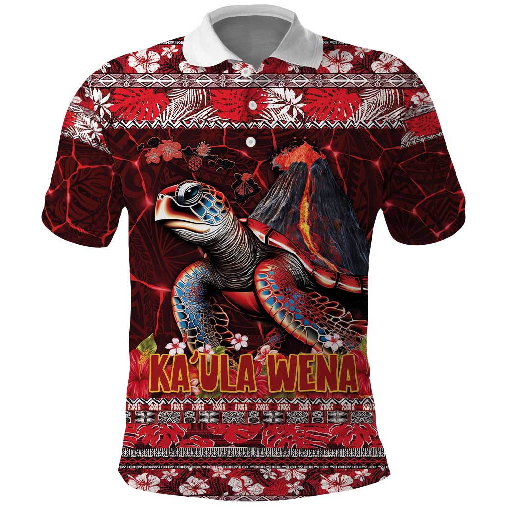 Hawaii KaUla Wena Volcano Turtle Polo Shirt Lava and Tropical Plants Tribal Pattern LT03 Red - Polynesian Pride