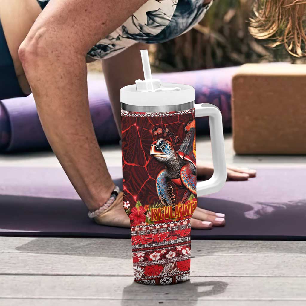 Hawaii KaʻUla Wena Volcano Turtle Tumbler With Handle Lava and Tropical Plants Tribal Pattern