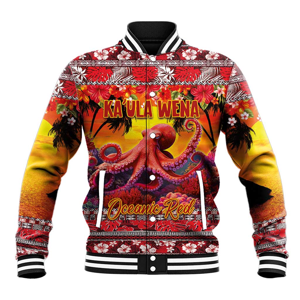 Hawaii KaʻUla Wena Octopus Baseball Jacket Oceanic Red with Corals and Tropical On Sunset Landscape
