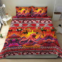 Hawaii KaʻUla Wena Octopus Bedding Set Oceanic Red with Corals and Tropical On Sunset Landscape