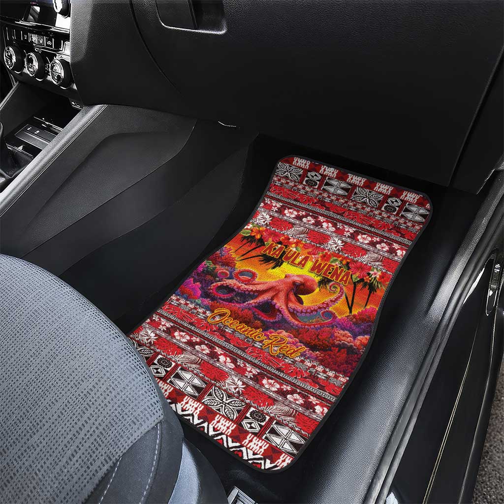 Hawaii KaʻUla Wena Octopus Car Mats Oceanic Red with Corals and Tropical On Sunset Landscape