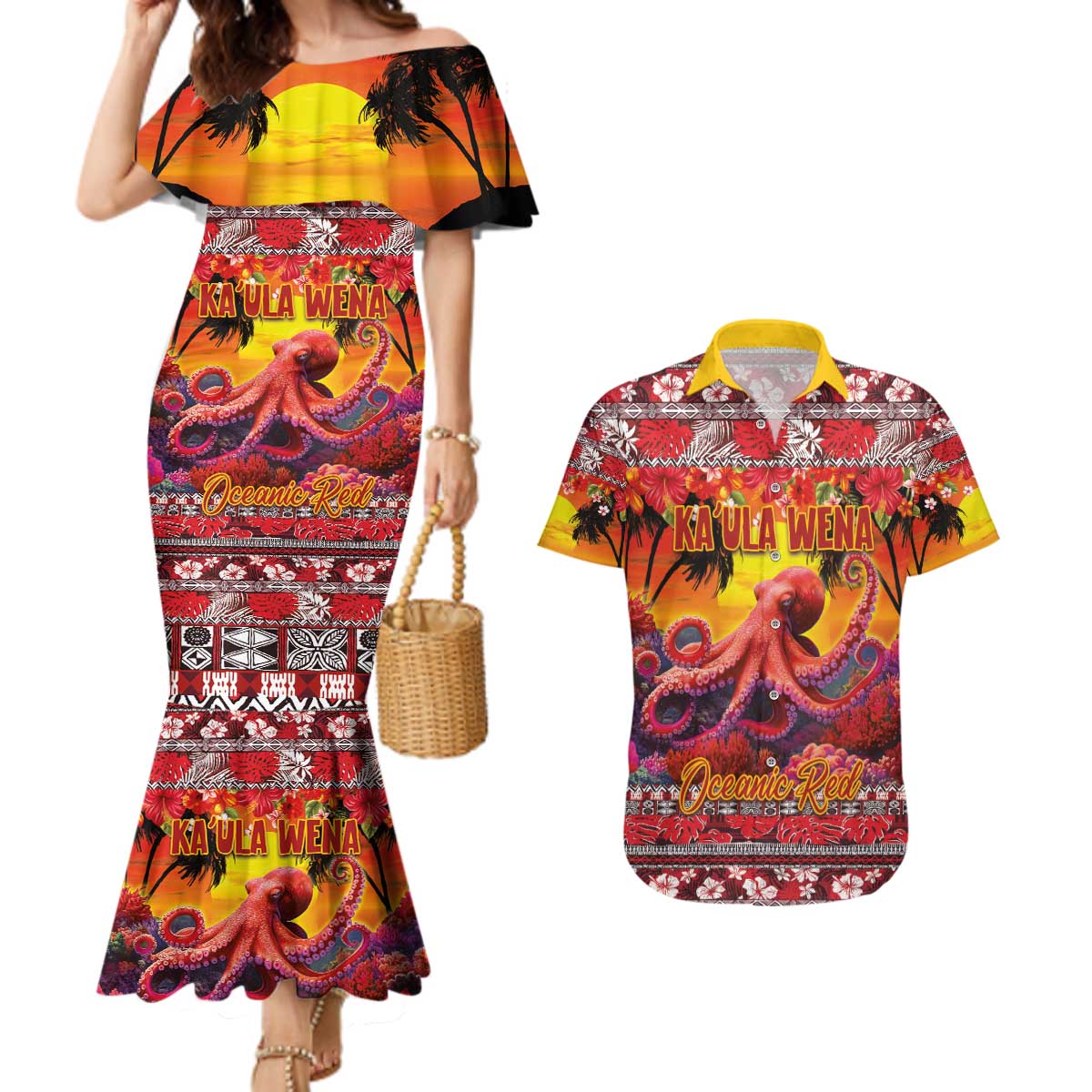 Hawaii KaUla Wena Octopus Couples Matching Mermaid Dress and Hawaiian Shirt Oceanic Red with Corals and Tropical On Sunset Landscape LT03 Red - Polynesian Pride