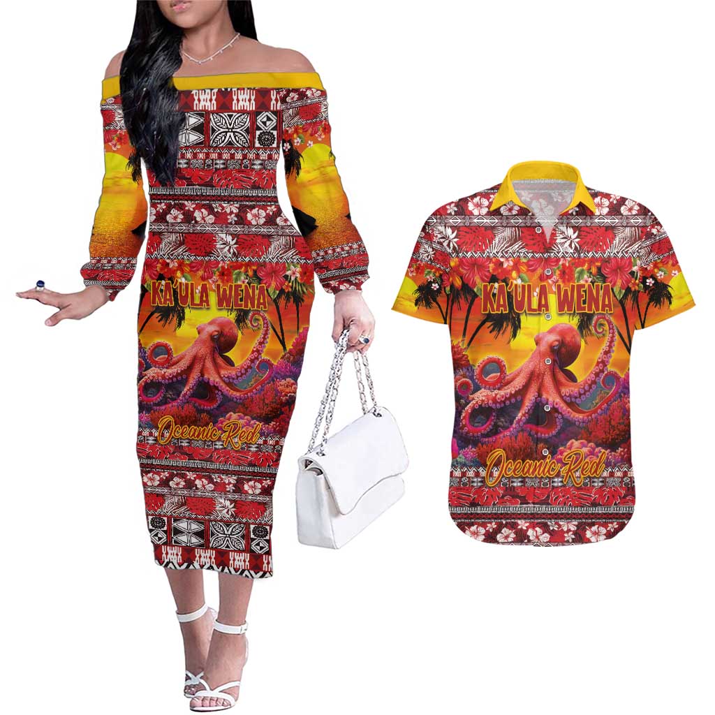 Hawaii KaUla Wena Octopus Couples Matching Off The Shoulder Long Sleeve Dress and Hawaiian Shirt Oceanic Red with Corals and Tropical On Sunset Landscape LT03 Red - Polynesian Pride