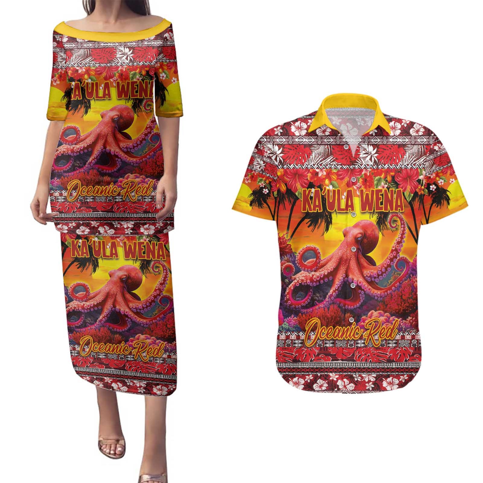 Hawaii KaʻUla Wena Octopus Couples Matching Puletasi and Hawaiian Shirt Oceanic Red with Corals and Tropical On Sunset Landscape