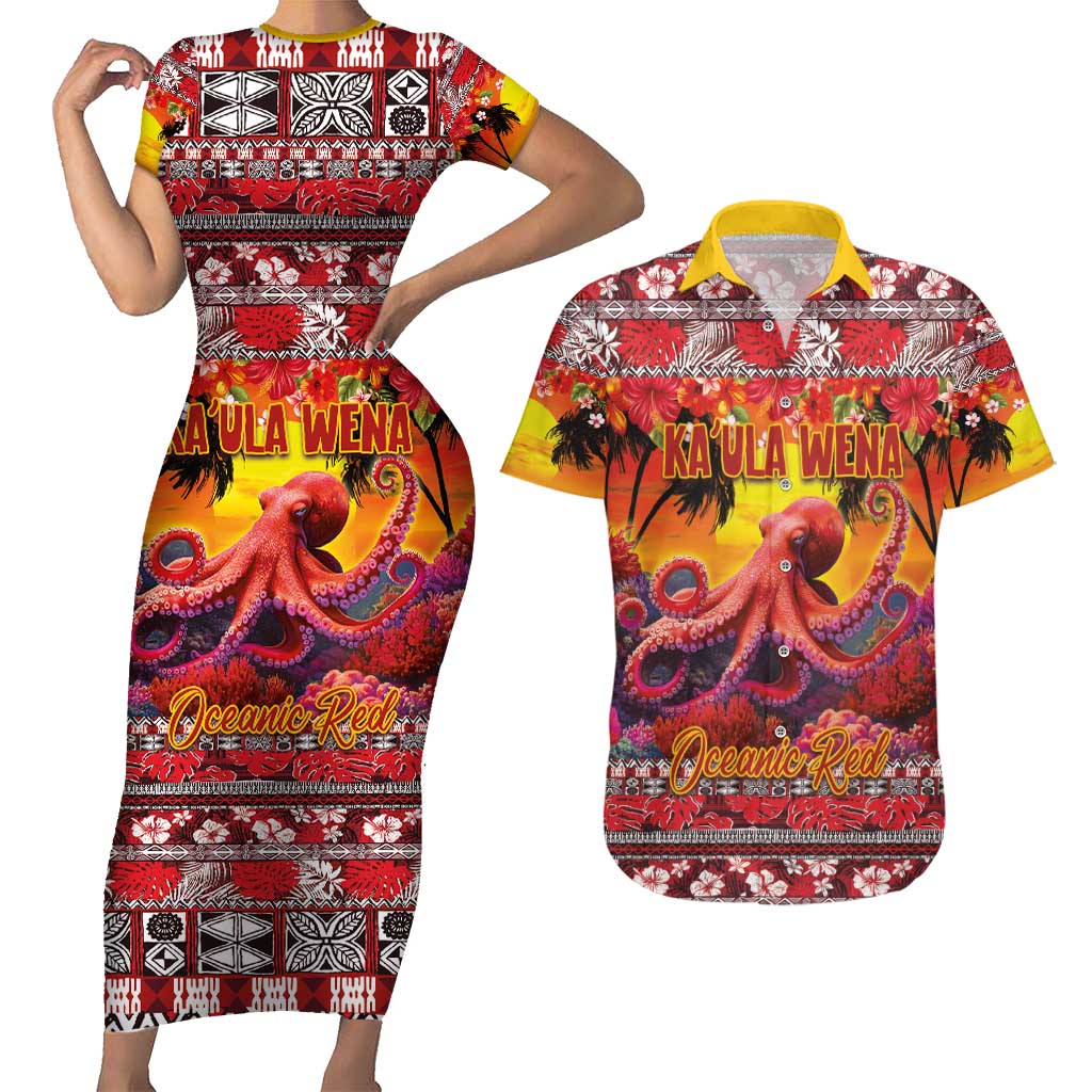 Hawaii KaUla Wena Octopus Couples Matching Short Sleeve Bodycon Dress and Hawaiian Shirt Oceanic Red with Corals and Tropical On Sunset Landscape LT03 Red - Polynesian Pride