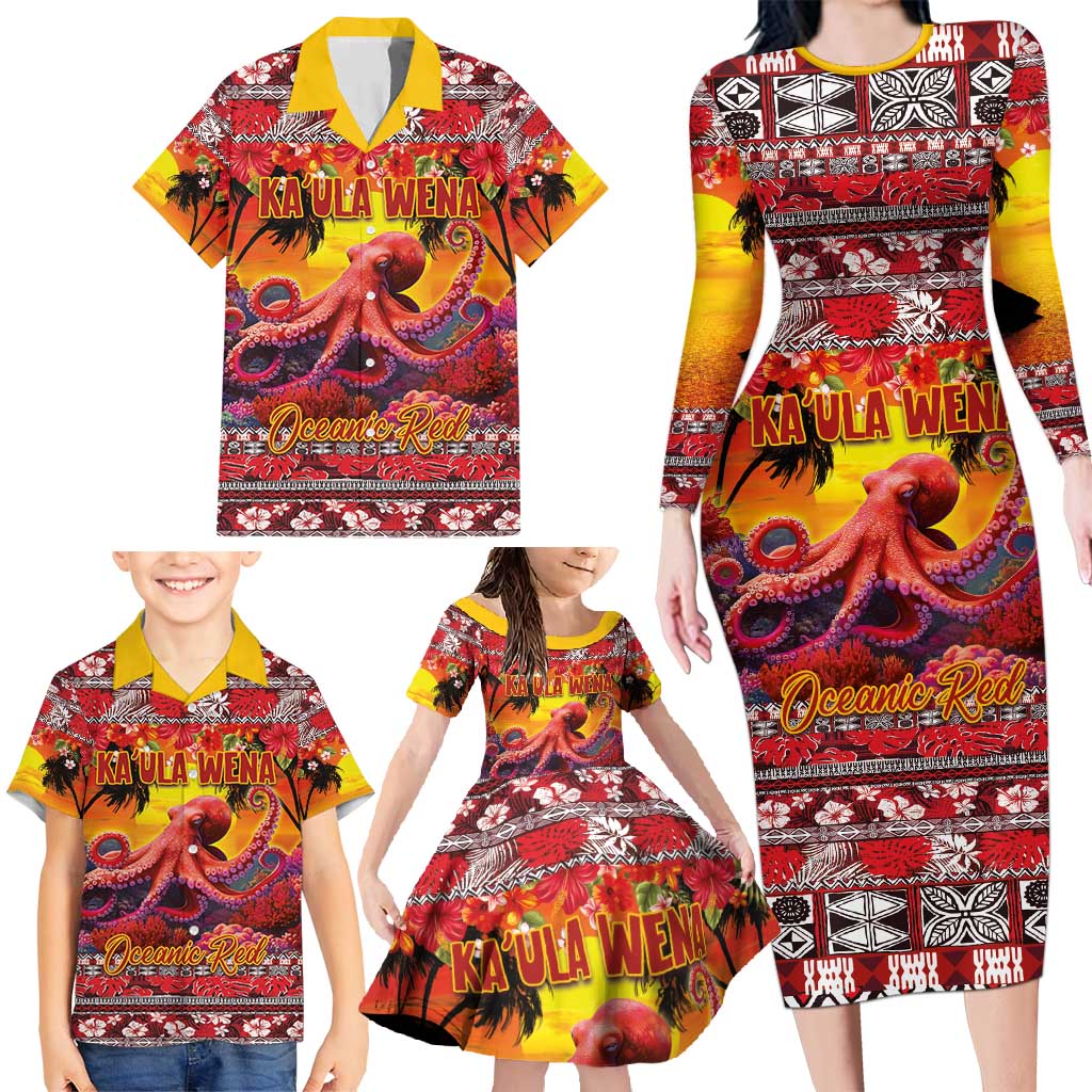 Hawaii KaUla Wena Octopus Family Matching Long Sleeve Bodycon Dress and Hawaiian Shirt Oceanic Red with Corals and Tropical On Sunset Landscape LT03 - Polynesian Pride