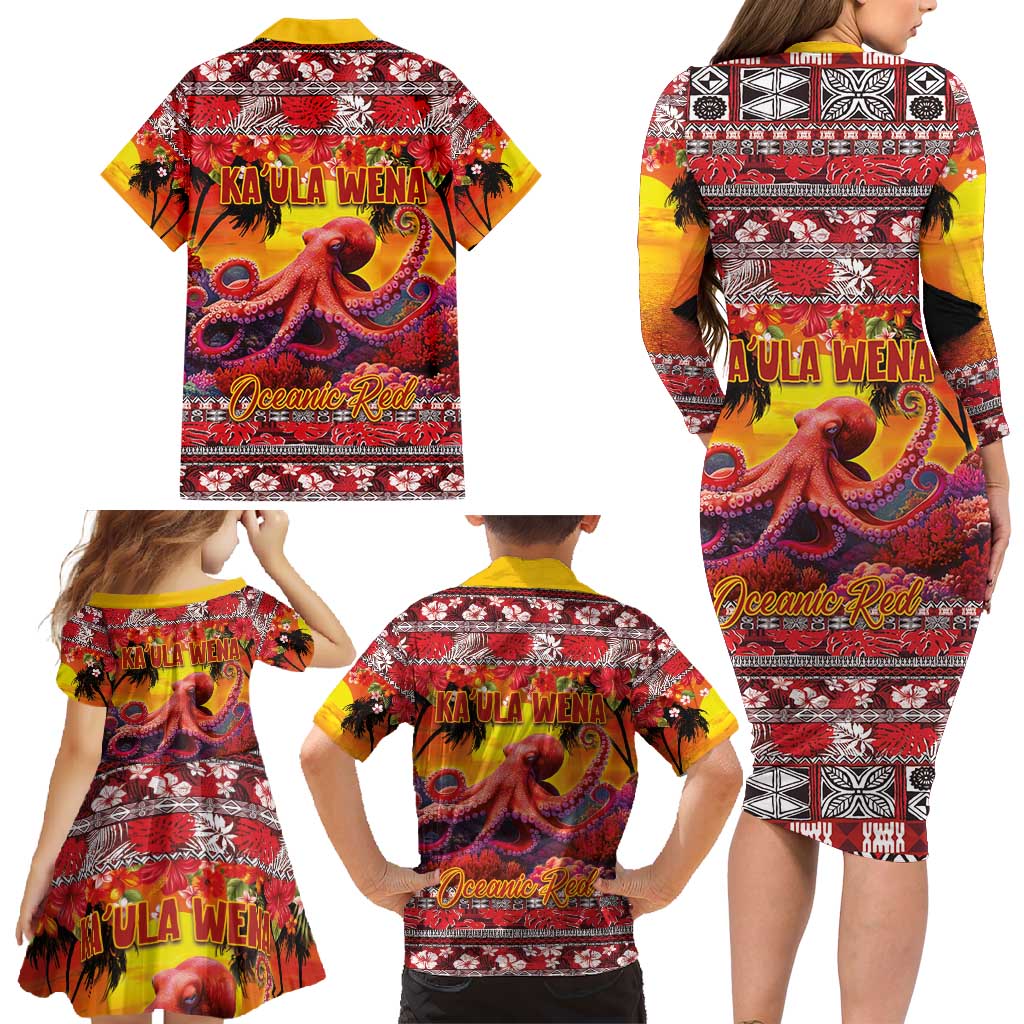 Hawaii KaUla Wena Octopus Family Matching Long Sleeve Bodycon Dress and Hawaiian Shirt Oceanic Red with Corals and Tropical On Sunset Landscape LT03 - Polynesian Pride