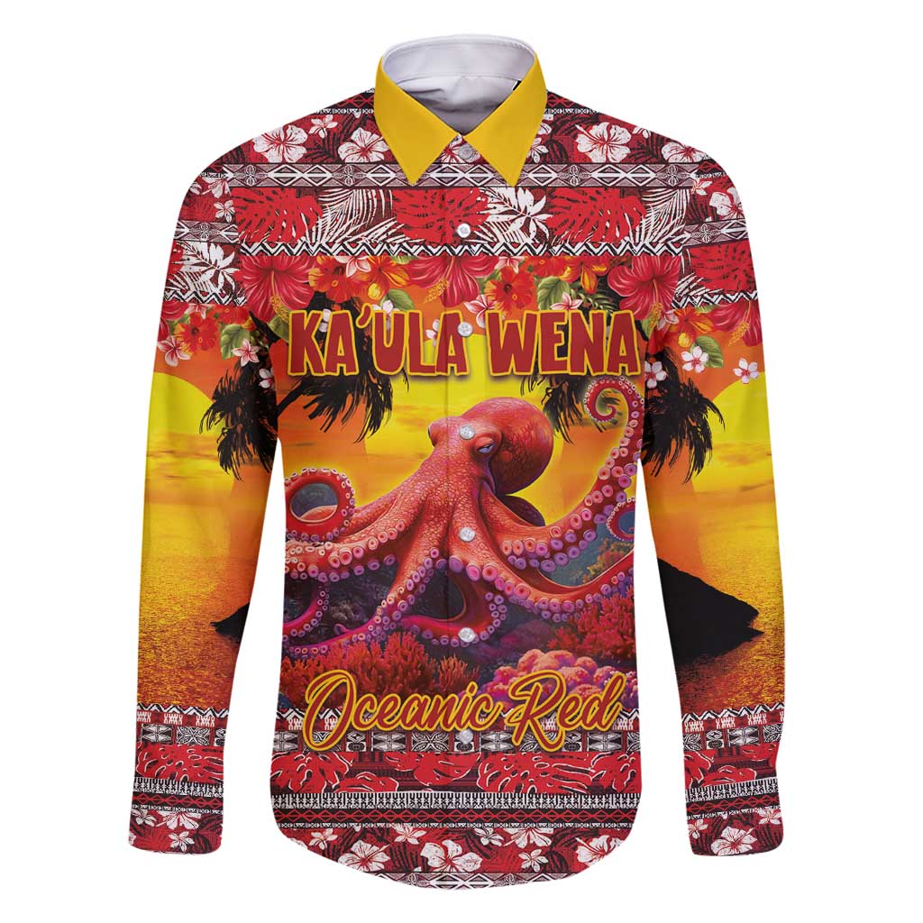 Hawaii KaUla Wena Octopus Family Matching Long Sleeve Bodycon Dress and Hawaiian Shirt Oceanic Red with Corals and Tropical On Sunset Landscape LT03 Dad's Shirt - Long Sleeve Red - Polynesian Pride