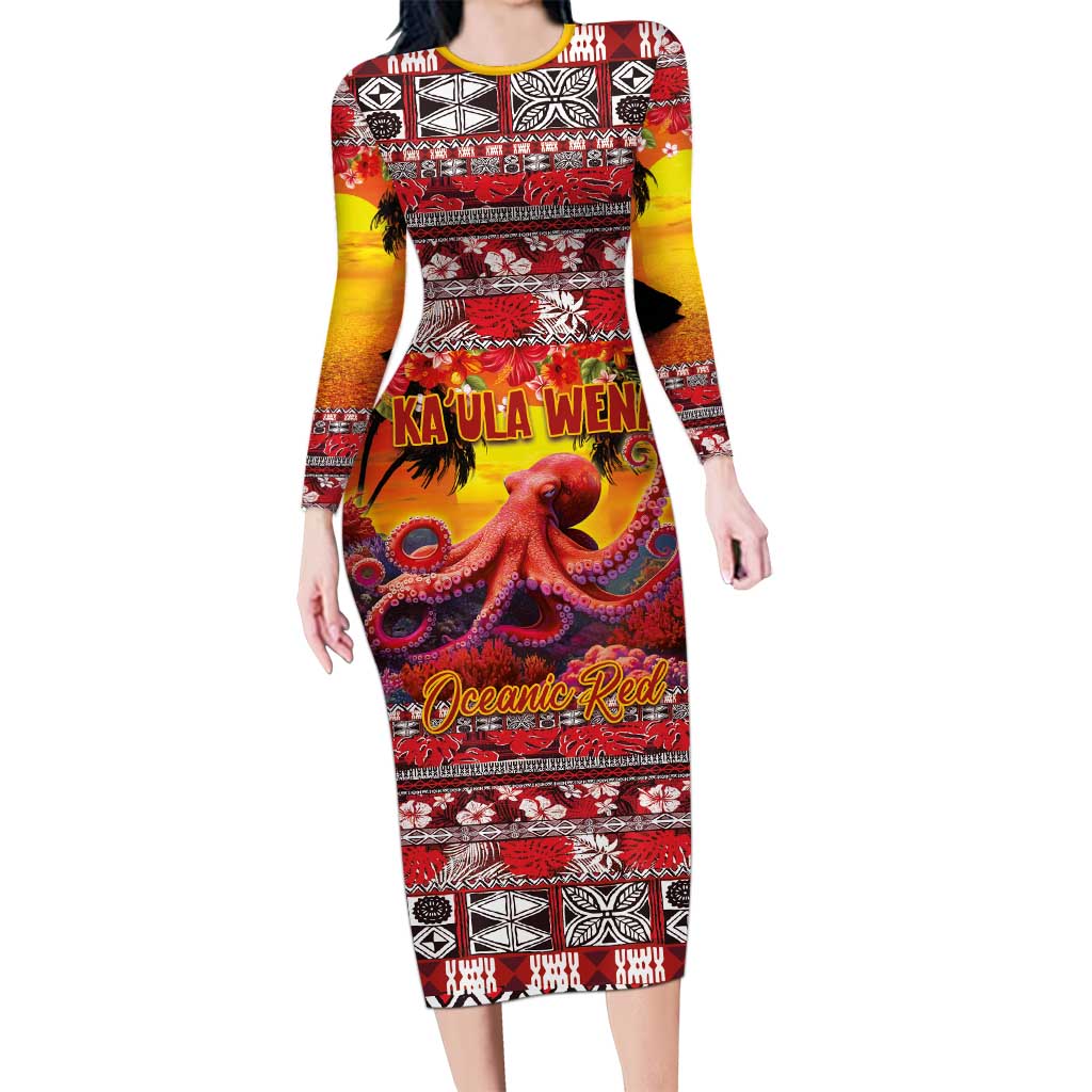 Hawaii KaUla Wena Octopus Family Matching Long Sleeve Bodycon Dress and Hawaiian Shirt Oceanic Red with Corals and Tropical On Sunset Landscape LT03 Mom's Dress Red - Polynesian Pride