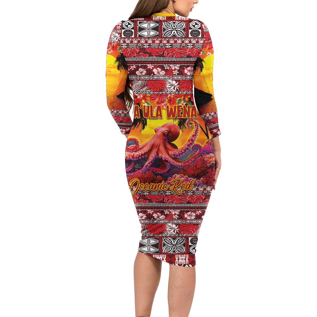 Hawaii KaUla Wena Octopus Family Matching Long Sleeve Bodycon Dress and Hawaiian Shirt Oceanic Red with Corals and Tropical On Sunset Landscape LT03 - Polynesian Pride