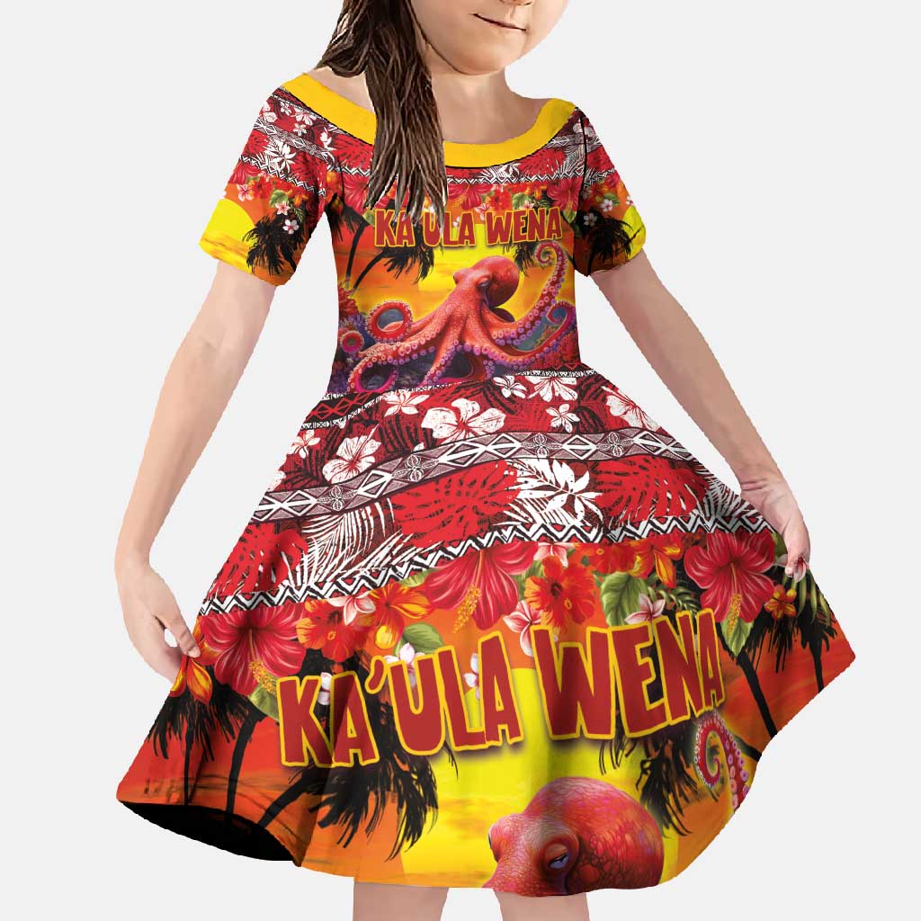 Hawaii KaUla Wena Octopus Family Matching Mermaid Dress and Hawaiian Shirt Oceanic Red with Corals and Tropical On Sunset Landscape LT03 Daughter's Dress Red - Polynesian Pride