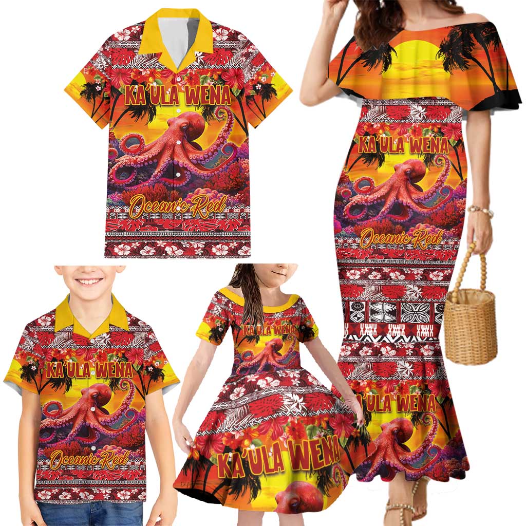 Hawaii KaUla Wena Octopus Family Matching Mermaid Dress and Hawaiian Shirt Oceanic Red with Corals and Tropical On Sunset Landscape LT03 - Polynesian Pride