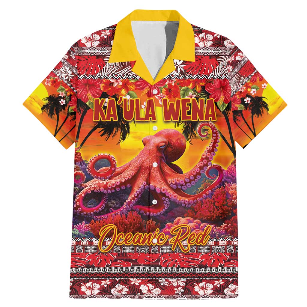 Hawaii KaUla Wena Octopus Family Matching Mermaid Dress and Hawaiian Shirt Oceanic Red with Corals and Tropical On Sunset Landscape LT03 Dad's Shirt - Short Sleeve Red - Polynesian Pride