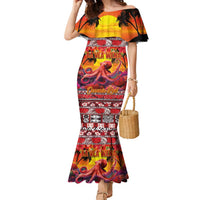 Hawaii KaUla Wena Octopus Family Matching Mermaid Dress and Hawaiian Shirt Oceanic Red with Corals and Tropical On Sunset Landscape LT03 Mom's Dress Red - Polynesian Pride