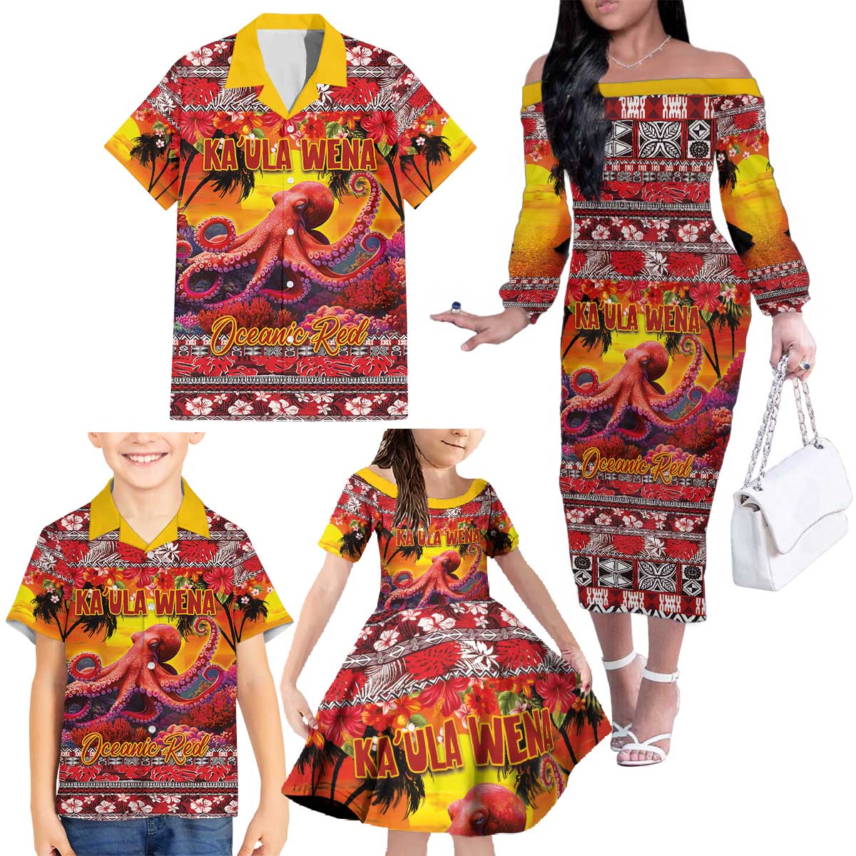 Hawaii KaUla Wena Octopus Family Matching Off The Shoulder Long Sleeve Dress and Hawaiian Shirt Oceanic Red with Corals and Tropical On Sunset Landscape LT03 - Polynesian Pride