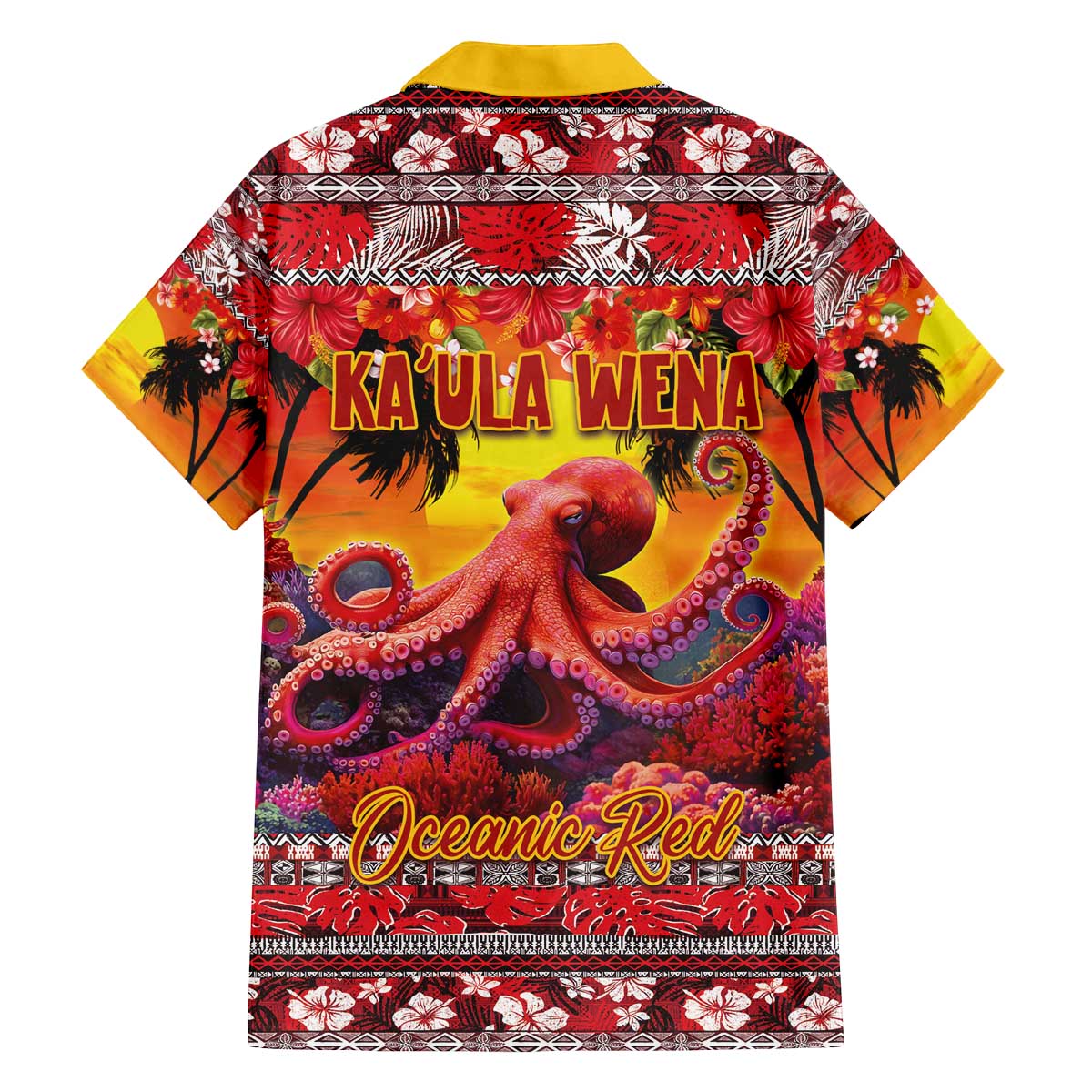 Hawaii KaUla Wena Octopus Family Matching Off The Shoulder Long Sleeve Dress and Hawaiian Shirt Oceanic Red with Corals and Tropical On Sunset Landscape LT03 - Polynesian Pride