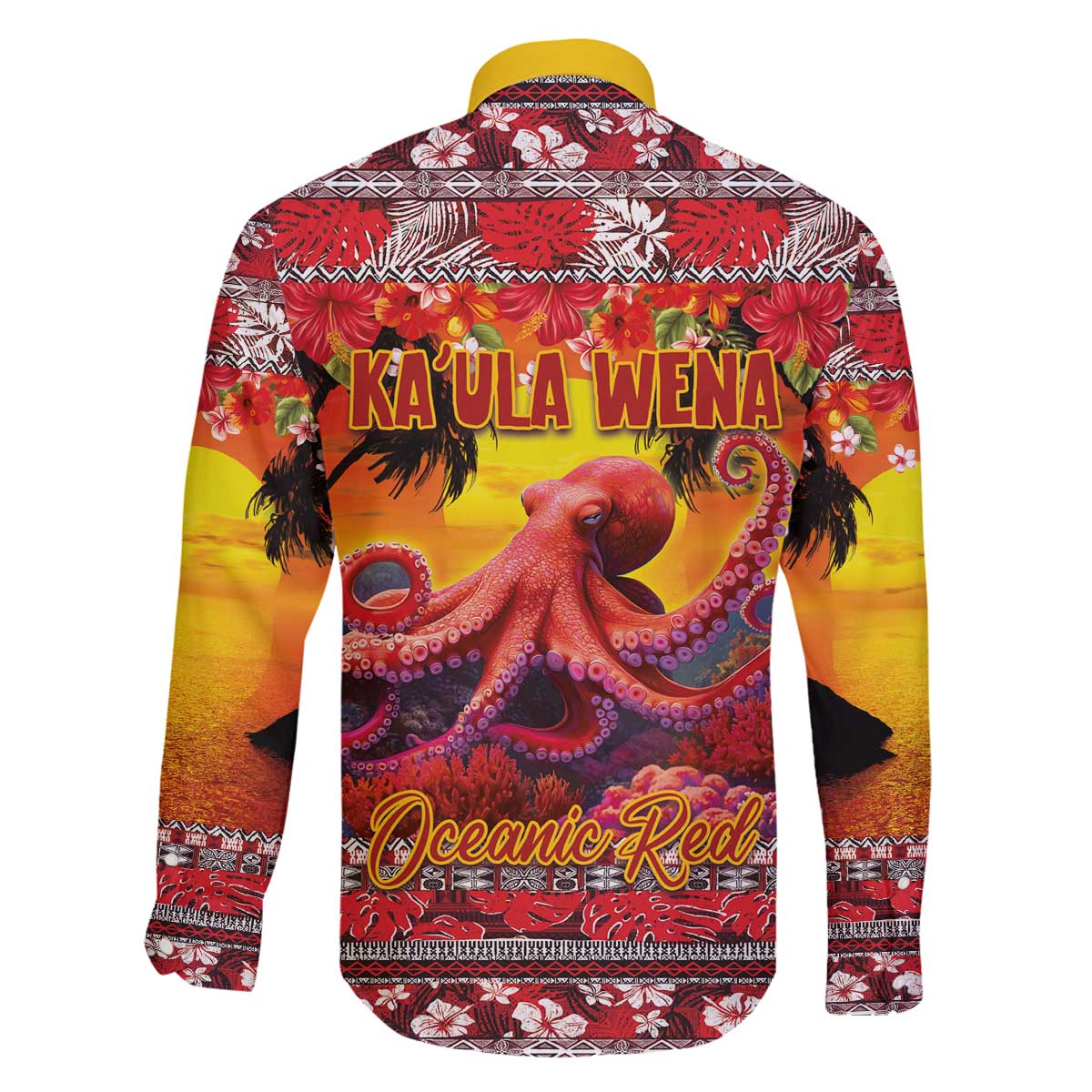 Hawaii KaUla Wena Octopus Family Matching Off The Shoulder Long Sleeve Dress and Hawaiian Shirt Oceanic Red with Corals and Tropical On Sunset Landscape LT03 - Polynesian Pride