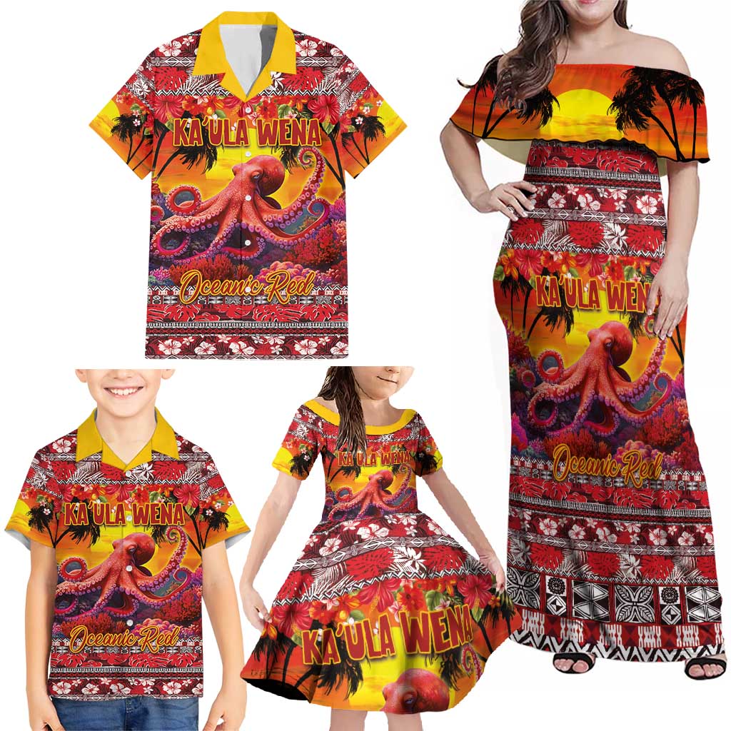 Hawaii KaUla Wena Octopus Family Matching Off Shoulder Maxi Dress and Hawaiian Shirt Oceanic Red with Corals and Tropical On Sunset Landscape LT03 - Polynesian Pride