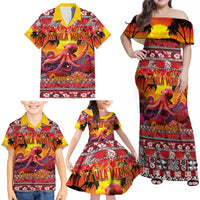Hawaii KaUla Wena Octopus Family Matching Off Shoulder Maxi Dress and Hawaiian Shirt Oceanic Red with Corals and Tropical On Sunset Landscape LT03 - Polynesian Pride